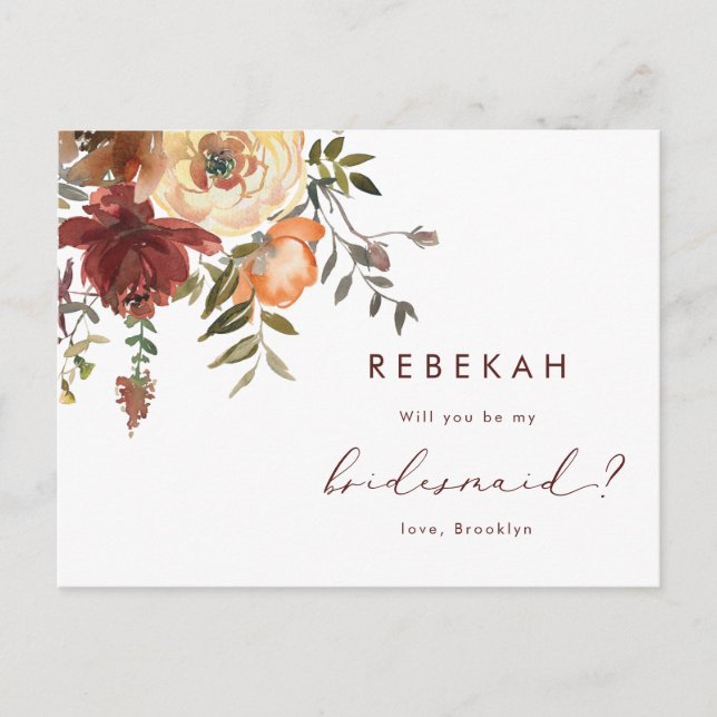 Burgundy Floral Will You Be My Bridesmaid Proposal Invitation Postcard (Front)