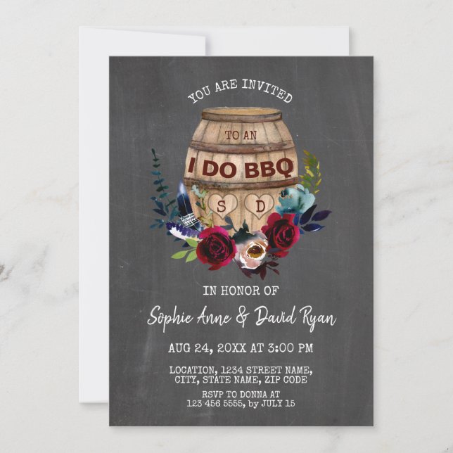 Burgundy Floral Wine Barrel Chalkboard I DO BBQ Invitation (Front)