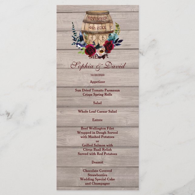 Burgundy Floral Wine Barrel Fall Wedding Menu (Front)