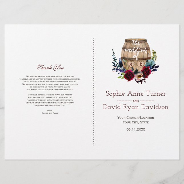 Burgundy Floral Wine Barrel Fall Wedding Program (Front)