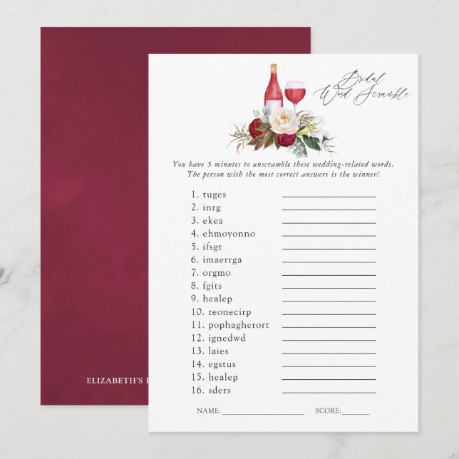 Burgundy Floral Wine Tasting Bridal Shower Game Invitation (Front/Back)