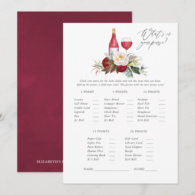 Burgundy Floral Wine Tasting Bridal Shower Game Invitation (Front/Back)