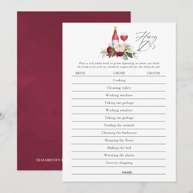 Burgundy Floral Wine Tasting Bridal Shower Game Invitation (Front/Back)
