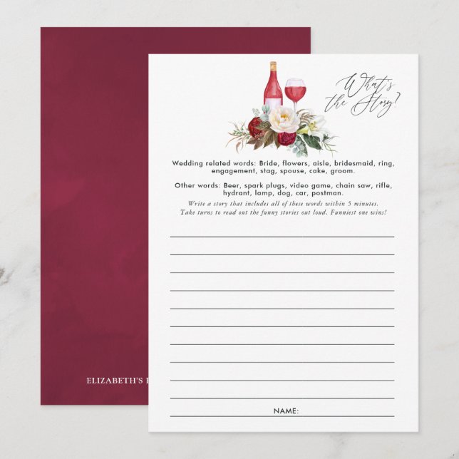 Burgundy Floral Wine Tasting Bridal Shower Game Invitation (Front/Back)