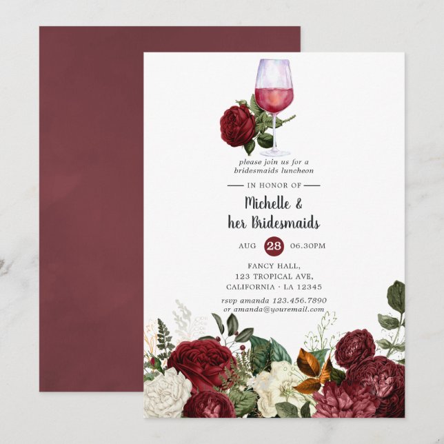 Burgundy Floral Wine Tasting Bridesmaids Luncheon Invitation (Front/Back)