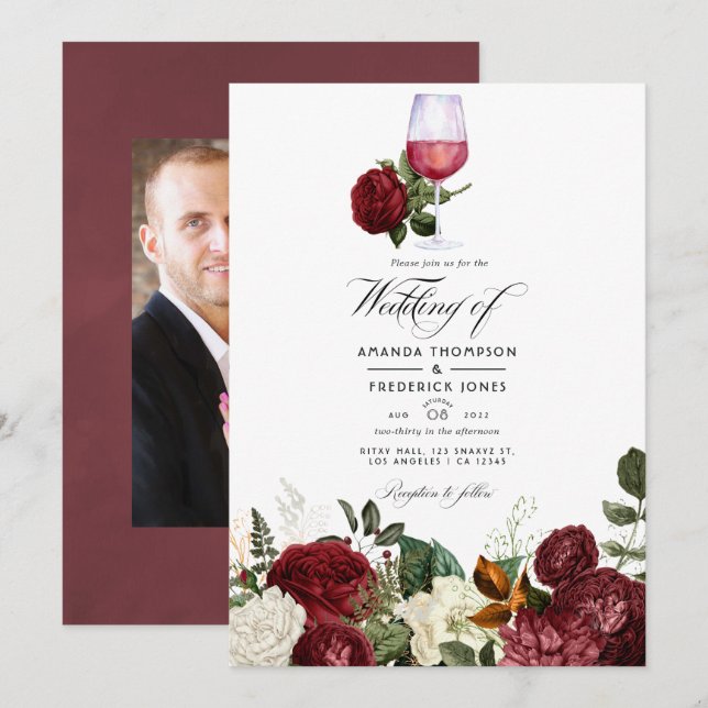 Burgundy Floral Wine Tasting Wedding Photo Invitation (Front/Back)