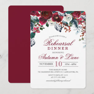 Burgundy Floral Winter Rehearsal Dinner Invitation