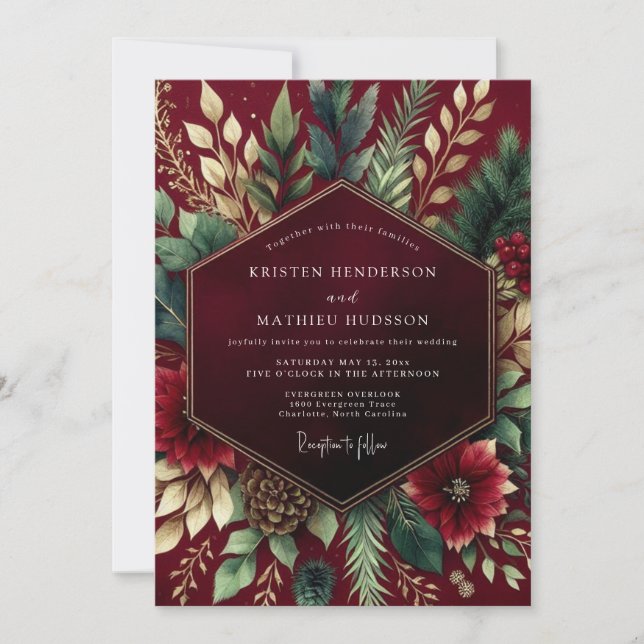 Burgundy Floral Winter Wedding Invitation (Front)