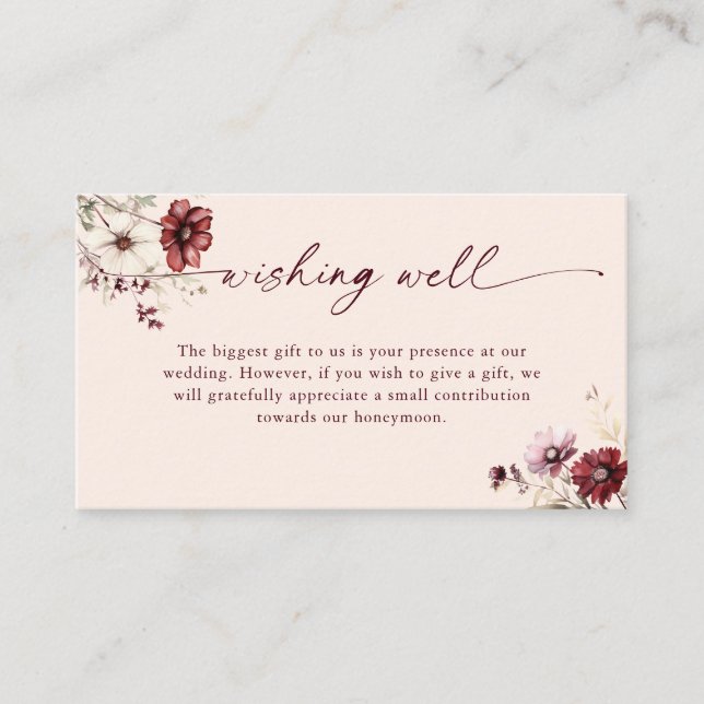 Burgundy Floral Wishing Well Gift Wedding  Enclosure Card (Front)
