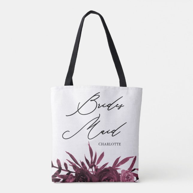 Burgundy Floral with Bridesmaid Script Tote Bag (Back)