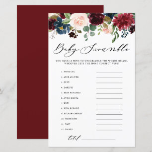 Burgundy Floral Word Scramble Baby Shower Game