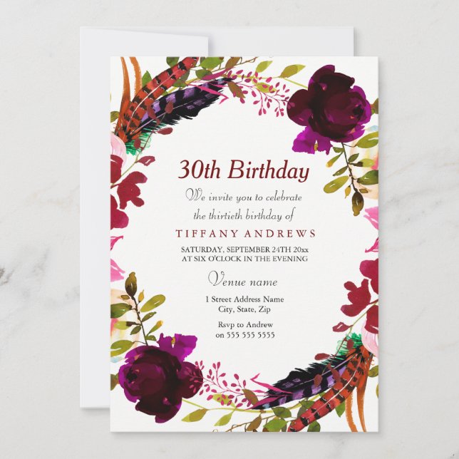 Burgundy Floral Wreath 30th Birthday Party Invite (Front)