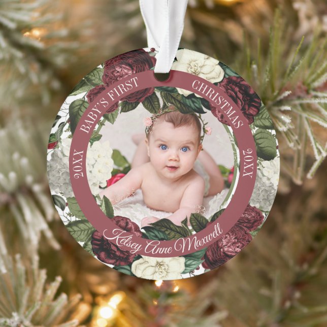 Burgundy Floral Wreath Baby First Christmas Photo (Arbre)