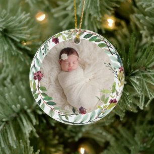 Burgundy Floral Wreath Baby Girl First Christmas Ceramic Ornament