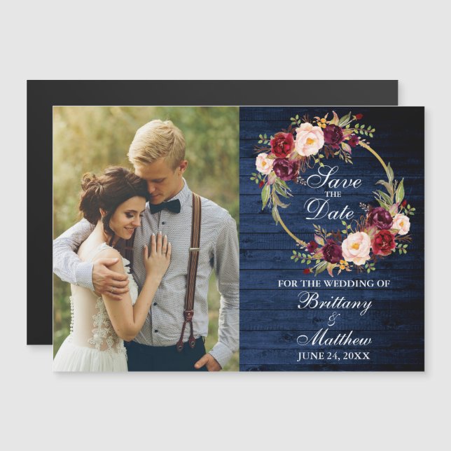 Burgundy Floral Wreath Blue Wood Save The Date Magnetic Invitation (Front/Back)