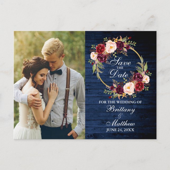 Burgundy Floral Wreath Blue Wood Save The Date Postcard (Front)