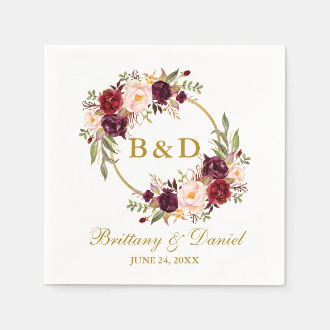 Burgundy Floral Wreath Gold Monogram Wedding Napkin (Front)