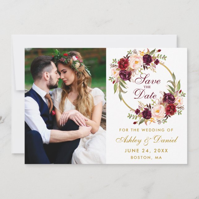 Burgundy Floral Wreath Gold Photo Save The Date (Front)