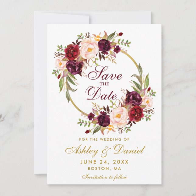 Burgundy Floral Wreath Gold Save The Date B (Front)