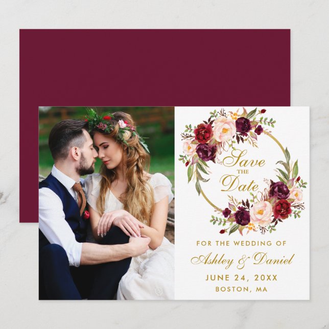 Burgundy Floral Wreath Gold Save The Date Photo (Front/Back)