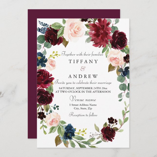 Burgundy Floral Wreath Modern Elegant Wedding Invitation (Front/Back)