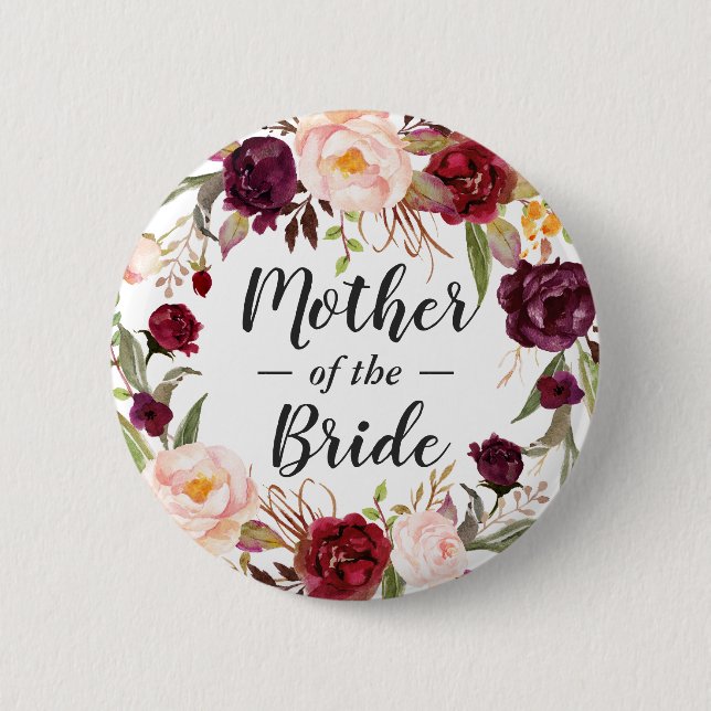 Burgundy Floral Wreath Mother of the Bride Groom 2 Inch Round Button (Front)