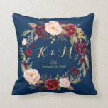 Burgundy Floral Wreath Navy Blue Wedding Monogram Throw Pillow<br><div class="desc">Customize this "Burgundy Floral Wreath Navy Blue Wedding Monogram Pillow" to add a special touch. It's a perfect addition to match your colours and styles. (1) For further customization, please click the "customize further" link and use our design tool to modify this template. (2) If you need help or matching...</div>