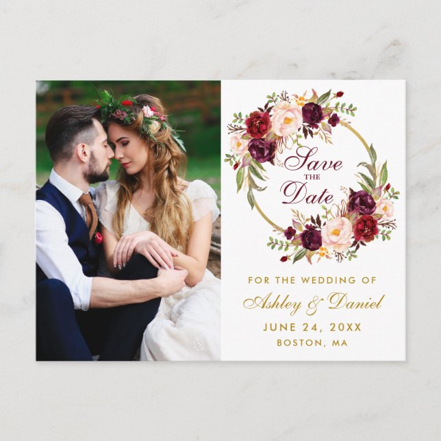 Burgundy Floral Wreath Save The Date Photo Postcard (Front)