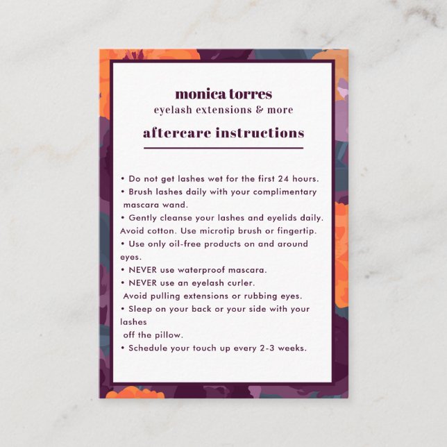 Burgundy Florals Aftercare Instructions chic  Business Card (Front)