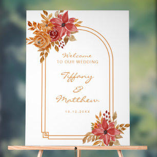 Burgundy Florals Arch Fall Wedding Welcome Acrylic Sign