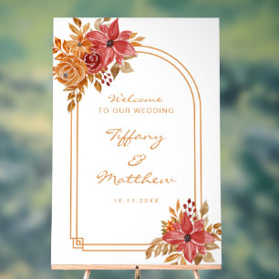 Burgundy Florals Arch Fall Wedding Welcome Acrylic Sign