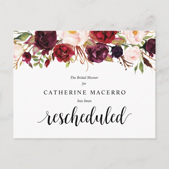 Burgundy Florals, Black, Bridal Shower Postponed Postcard (Front)