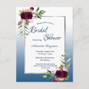 Burgundy florals blue bridal shower invitation postcard
