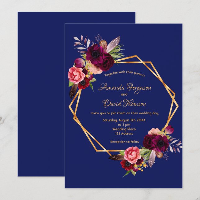 Burgundy florals blue geometric boho wedding invitation (Front/Back)