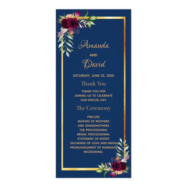 Burgundy florals boho navy blue wedding program (Front)