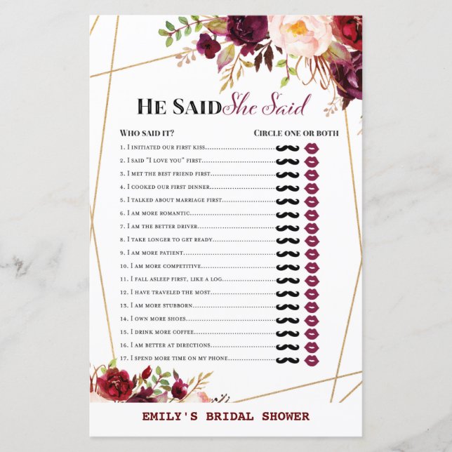 Burgundy Florals Bridal Shower Game PRINTED (Front)