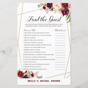 Burgundy Florals Bridal Shower Game PRINTED