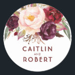 Burgundy Florals Elegant Wedding Classic Round Sticker<br><div class="desc">Marsala flowers seal</div>