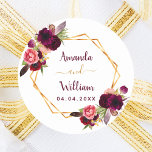 Burgundy florals geometric wedding boho classic round sticker<br><div class="desc">A faux gold coloured geometric shaped frame with bohemian,  boho style watercolored roses,  flowers in burgundy and pink.   Personalize and add your names,  date of the wedding.</div>