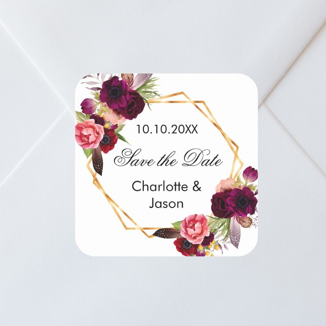 Burgundy florals geometric wedding Save the Date Square Sticker (Creator Uploaded)