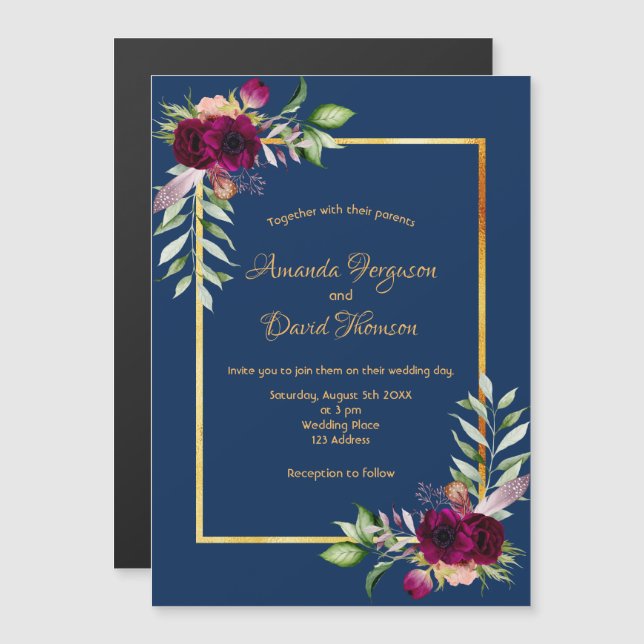 Burgundy florals gold greenery boho blue wedding magnetic invitation (Front/Back)
