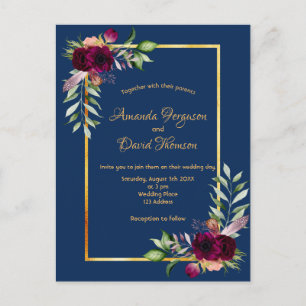 Burgundy florals gold greenery boho blue wedding postcard