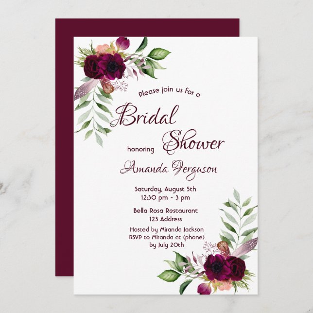 Burgundy florals gold greenery boho bridal shower invitation (Front/Back)