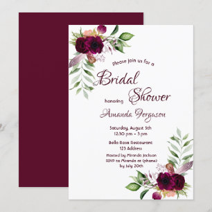 Burgundy florals gold greenery boho bridal shower invitation