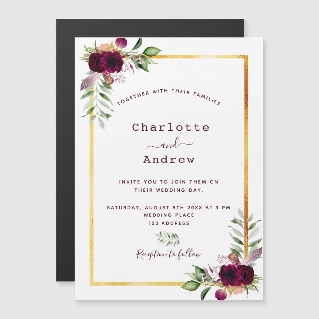 Burgundy florals gold greenery boho wedding magnetic invitation (Front/Back)