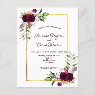 Burgundy florals gold greenery boho wedding postcard