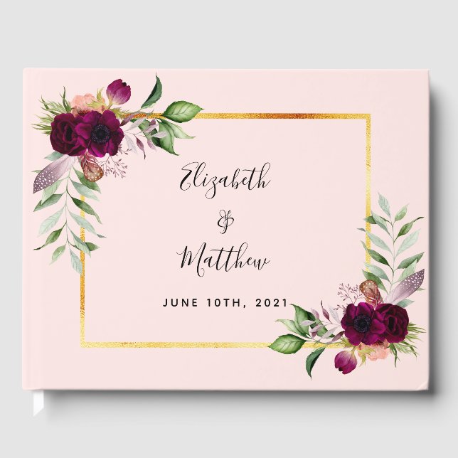 Burgundy florals greenery rose gold pink wedding guest book (Front)