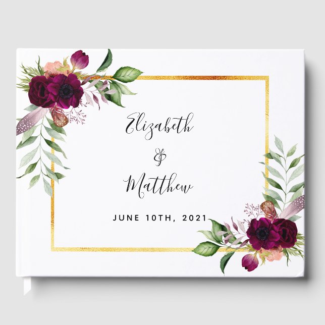 Burgundy florals greenery sage green wedding guest book (Front)