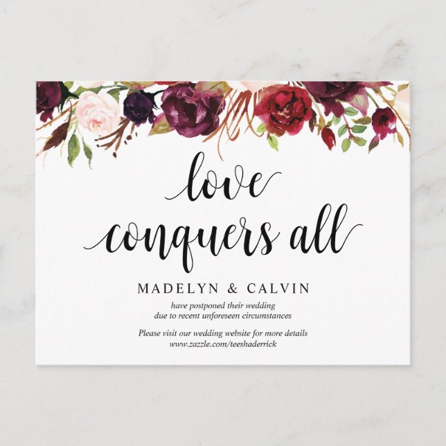 Burgundy Florals, Love conquers all, Postponed Postcard (Front)