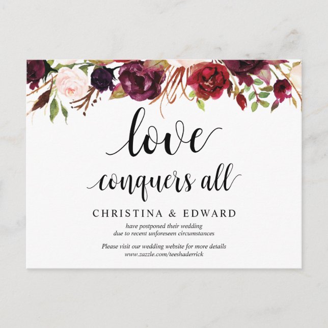 Burgundy Florals, Love conquers all, Postponed Postcard (Front)